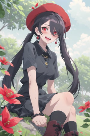 nier anime style illustration, best quality, masterpiece High resolution, good detail, bright colors, HDR, 4K. Dolby vision high. 

Girl with long straight black hair, long twin pigtails (hair covering one eye), red eyes, blushing, red earrings 

Short sleeve polo shirt (black color mixed with red color)

Gothic style black checkered skirt with chains   

black socks 

Ankle boots (black color mixed with red color)

inside a park 

She is under a leafy tree in the shade. 

Sunbeams between the trees 

clear blue sky 

Flirty smile (yandere smile). Happy, excited. Open mouth 

Showing fangs, exposed fangs  

Selfie 

Very sweaty

black Fedora hat with a red flower on the buckle

Sitting on the grass