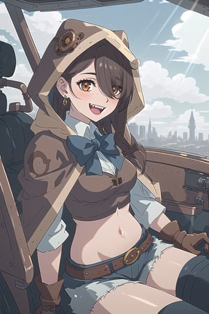 nier anime style illustration, best quality, masterpiece High resolution, good detail, bright colors, HDR, 4K. Dolby vision high, perfect eyes

Girl with long, straight dark brown hair (hair on shoulders) (hair covering one eye), brown eyes, blushing, orange earrings 

Elegant white steampunk style crop top 

Showing navel, exposed navel

black bow 

small breasts  

Steampunk dark brown shorts  

British style steampunk black boots  

Dark brown cape

dog hood 

Hooded 
dog hood

Selfie


Flirty smile (yandere smile). Happy, excited. Open mouth 

Showing fangs, exposed fangs 

Inside an airship that is in the sky 

blue sky with clouds 

Intense sun rays on the window

Sitting

Dark brown steampunk gloves