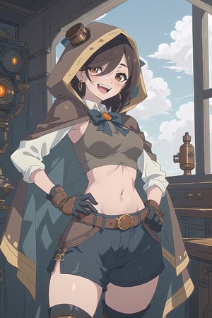 nier anime style illustration, best quality, masterpiece High resolution, good detail, bright colors, HDR, 4K. Dolby vision high, perfect eyes

Girl with long, straight dark brown hair (hair on shoulders) (hair covering one eye), brown eyes, blushing, orange earrings 

Elegant white steampunk style crop top 

Showing navel, exposed navel

black bow 

small breasts  

Steampunk dark brown shorts  

British style steampunk black boots  

Dark brown cape

dog hood 

Hooded 


Selfie

Flirty smile (yandere smile). Happy, excited. Open mouth 

Showing fangs, exposed fangs 

Inside an airship that is in the sky 

blue sky with clouds 

Intense sun rays on the window

(Hand on hip)

Dark brown steampunk gloves