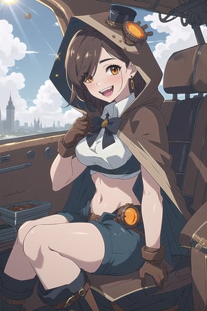 nier anime style illustration, best quality, masterpiece High resolution, good detail, bright colors, HDR, 4K. Dolby vision high, perfect eyes

Girl with long, straight dark brown hair (hair on shoulders) (hair covering one eye), brown eyes, blushing, orange earrings 

Elegant white steampunk style crop top 

Showing navel, exposed navel

black bow 

small breasts  

Steampunk dark brown shorts  

British style steampunk black boots  

Dark brown cape

dog hood 

Hooded 
dog hood

Selfie


Flirty smile (yandere smile). Happy, excited. Open mouth 

Showing fangs, exposed fangs 

Inside an airship that is in the sky 

blue sky with clouds 

Intense sun rays on the window

Sitting

Dark brown steampunk gloves