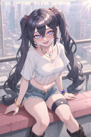  best quality, masterpiece High resolution, good detail, bright colors, HDR, 4K. Dolby vision high, perfect eyes

Jirai kei girl with long straight black hair, long twin pigtails, (hair covering one eye), navy blue eyes, blushing, navy blue earrings, black bracelet, necklace with a sapphire 

Cyberpunk Style Navy Blue Short Sleeve Crop T-Shirt

medium breasts

Showing navel, exposed navel 

black cyberpunk denim shorts 

Sheer black stockings

British style black ankle boots 

Inside a cyberpunk city 

On the roof of a building

Sitting 

Selfie 

clear blue sky 

Sunrise

Intense sun rays 

hot day 

She is very sweaty

jirai kei makeup

Flirty smile (yandere smile). Happy, excited. open mouth 

Showing fangs, exposed fangs

(hair covering one eye)