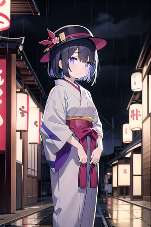 colorful image

18-year-old Japanese girl, short black hair, fringes that cover her eyes, purple eyes, wearing a gray fabric shirt and gray fabric pants. The clothing is traditional in style. On the streets of old Japan, at night, cloudy, rainy and stormy, a traditional Japanese kasa hat, a serious girl