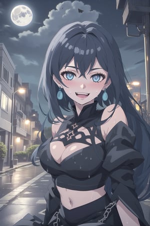 nier anime style illustration, best quality, masterpiece High resolution, good detail, bright colors, HDR, 4K. Dolby vision high. 

Girl with long straight black hair, blue eyes (hair on shoulders), blushing, blue earrings 

Black gothic crop top  

medium breasts

Showing navel, exposed navel

 black gothic skirt with chains

black socks

Elegant black boots 

Flirty smile (yandere smile). Happy, excited. Open mouth

Showing fangs, exposed fangs 

Selfie 

black sky at night  

waning moon 

Inside the streets of London 

Street wet from recent rain

Sitting on the street sidewalk
