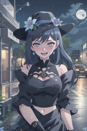 nier anime style illustration, best quality, masterpiece High resolution, good detail, bright colors, HDR, 4K. Dolby vision high. 

Girl with long straight black hair, blue eyes (hair on shoulders), blushing, blue earrings 

Black gothic crop top  

medium breasts

Showing navel, exposed navel

 black gothic skirt with chains

black socks

Elegant black boots 

Flirty smile (yandere smile). Happy, excited. Open mouth

Showing fangs, exposed fangs 

Selfie 

black sky at night  

waning moon 

Inside the streets of London 

Street wet from recent rain

Sitting on the street sidewalk

Fedora hat with a blue flower on the buckle