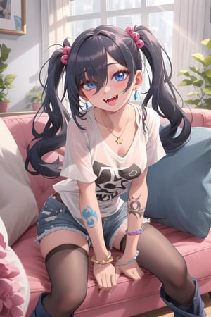  best quality, masterpiece High resolution, good detail, bright colors, HDR, 4K. Dolby vision high, perfect eyes

Girl with long straight black hair, long twin pigtails, navy blue eyes (hair covering one eye), blushing, blue earrings, navy blue bracelet on her wrist, tattoos all over her body, necklace with a sapphire 

A black short sleeve t-shirt with a blue star on the t-shirt 

Navy blue denim shorts 

Sheer black stockings



Inside a futuristic cyberpunk style house 
Black British style boots


Sunrise

Intense sun rays coming through the window 

Elegant navy blue sofa 

Sitting 
Selfie 

Flirty smile (yandere smile). Happy, excited. open mouth 

Showing fangs, exposed fangs