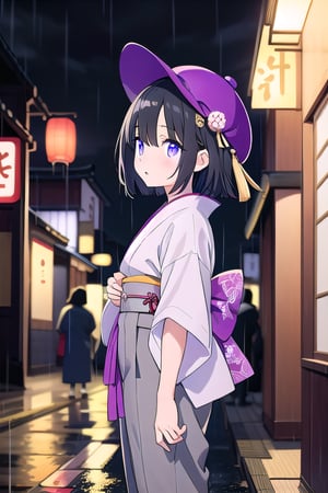 colorful image

18-year-old Japanese girl, short black hair, fringes that cover her eyes, purple eyes, wearing a gray fabric shirt and gray fabric pants. The clothing is traditional in style. On the streets of old Japan, at night, cloudy, rainy and stormy, a traditional Japanese kasa hat, a serious girl