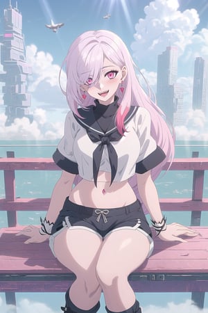 nier anime style illustration, best quality, masterpiece High resolution, good detail, bright colors, HDR, 4K. Dolby vision high. 

Albino girl with long straight hair, pink eyes (hair covering one eye), blushing, pink earrings  

Cyberpunk style elegant white crop top 

Showing navel, exposed navel 

White cyberpunk style shorts

White socks

Elegant white cyberpunk ankle boots 

clear blue sky 

Inside an island that floated in the sky above the clouds 

fantasy style island with a beautiful kingdom 

Intense sun rays    

Flirty smile (yandere smile). Happy, excited. Open mouth 

Showing fangs, exposed fangs 

Selfie 

Sitting on a bridge