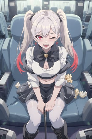 nier anime style illustration, best quality, masterpiece High resolution, good detail, bright colors, HDR, 4K. Dolby vision high.

Girl with long straight white hair, long twin pigtails, red eyes (hair covering one eye) , blushing, black cross-shaped earrings 

British maid style  crop top 

Showing navel, exposed navel 

medium breasts 

Short skirt British maid style 

Transparent stockings 

Elegant British style black boots 

Inside a movie theater 

Popcorn, glass of soda, sweets on a blue tray 

Sitting in a seat in the movie theater 

Flirty smile (yandere smile). Happy, excited. Open mouth 

Showing  fangs, fangs exposed 
 
Selfie

(One eye closed)

(One eye closed)