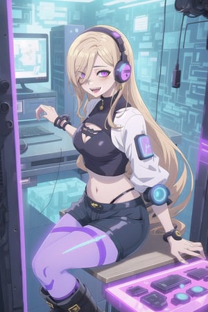 nier anime style illustration, best quality, masterpiece High resolution, good detail, bright colors, HDR, 4K. Dolby vision high.

Blonde girl with long straight hair (hair over her shoulders) (hair covering one eye), magenta eyes, freckles, blushing, gold earrings

Cyberpunk Short White Top 

Showing the navel, showing the navel

Black shorts 

Sheer black stockings 

White boots

Inside a futuristic cyberpunk style room 

blue walls

A desk with blue lights 

Holographic computer 


purple cyberpunk style headphones 

Flirty smile (yandere smile). Happy, excited. Open mouth 


showing fangs, exposed fangs 





sitting

