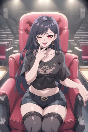 nier anime style illustration, best quality, masterpiece High resolution, good detail, bright colors, HDR, 4K. Dolby vision high.

irl with long straight black hair (hair on shoulders), red eyes (one eye closed), freckles, blushing, black cross-shaped earrings 

Black short sleeve t-shirt 

small breasts

Showing navel, exposed navel

Black shorts 

Black sheer stockings


Black punk style boots 


Flirty smile (yandere smile). Happy, excited. Open mouth 

Showing fangs, exposed fangs 

Inside a Victorian style theater hall 

Sitting in an armchair 

Selfie 


(Hand on own face)


