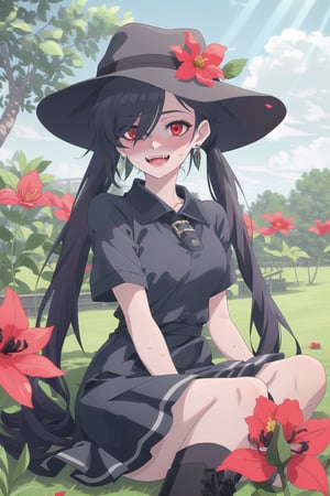 nier anime style illustration, best quality, masterpiece High resolution, good detail, bright colors, HDR, 4K. Dolby vision high. 

Girl with long straight black hair, long twin pigtails (hair covering one eye), red eyes, blushing, red earrings 

Short sleeve polo shirt (black color mixed with red color)

Gothic style black checkered skirt with chains   

black socks 

Ankle boots (black color mixed with red color)

inside a park 

She is under a leafy tree in the shade. 

Sunbeams between the trees 

clear blue sky 

Flirty smile (yandere smile). Happy, excited. Open mouth 

Showing fangs, exposed fangs  

Selfie 

Very sweaty

black Fedora hat with a red flower on the buckle

Sitting on the grass