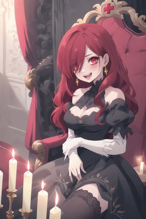 nier anime style illustration, best quality, masterpiece High resolution, good detail, bright colors, HDR, 4K. Dolby vision high.

Little redhead girl with long straight hair (hair covering one eye) (hair over shoulders), red cross-shaped earrings, red eyes, blushing

Elegant vintage British style Gothic Renaissance short dress

small breasts 

Sheer black stockings   

Elegant black British style boots 

Inside an elegant Victorian-style palace 

In a room with red walls, 

Candles

A throne of gold embroidered with red

Flirty smile (yandere smile). Happy, excited. Open mouth 

Showing fangs, exposed fangs

Sitting 

Selfie  

(dark red hair)