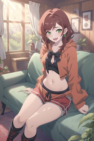 nier anime style illustration, best quality, masterpiece High resolution, good detail, bright colors, HDR, 4K. Dolby vision high. 

Little Red Riding Hood (short straight brown hair, green eyes, freckles, blushing, green earrings)

Red  crop top 

Showing breasts, exposed breasts 

Showing navel, exposed navel 

small breasts 

Black booties 

Black bow on the chest 

Flirty smile (yandere smile). Happy, excited. Open mouth

Showing long fangs, long exposed fangs 

Inside an old fairy tale style log cabin 
 
Red sofa by the window

Sitting 

  

Hooded 

Red hood 

Red hood 
Red shorts 

Sunrise 

Intense sun rays