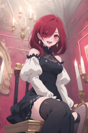 nier anime style illustration, best quality, masterpiece High resolution, good detail, bright colors, HDR, 4K. Dolby vision high.

Little redhead girl with long straight hair (hair covering one eye) (hair over shoulders), red cross-shaped earrings, red eyes, blushing

Elegant vintage British style Gothic Renaissance short dress

small breasts 

Sheer black stockings   

Elegant black British style boots 

Inside an elegant Victorian-style palace 

In a room with red walls, candles, chandeliers on the ceiling

A throne of gold embroidered with red

Flirty smile (yandere smile). Happy, excited. Open mouth 

Showing fangs, exposed fangs
Showing fangs, exposed fangs


Sitting 

Selfie  

(dark red hair)