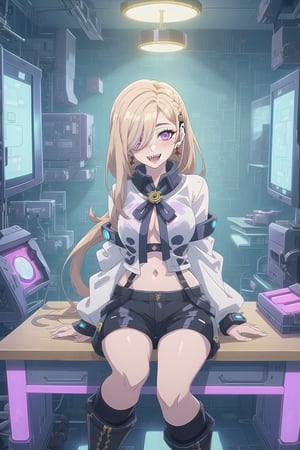 nier anime style illustration, best quality, masterpiece High resolution, good detail, bright colors, HDR, 4K. Dolby vision high.

Blonde girl with long straight hair (hair over her shoulders) (hair covering one eye), magenta eyes, freckles, blushing, gold earrings

Cyberpunk Short White Top 

Showing the navel, showing the navel

Black shorts 

Sheer black stockings 

White boots

Inside a futuristic cyberpunk style room 

blue walls

A desk with blue lights 

Holographic computer 


purple cyberpunk style headphones 

Flirty smile (yandere smile). Happy, excited. Open mouth 


showing fangs, exposed fangs 





sitting

