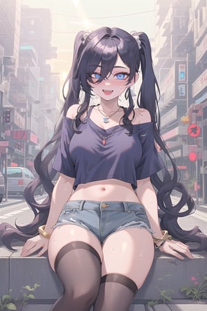  best quality, masterpiece High resolution, good detail, bright colors, HDR, 4K. Dolby vision high, perfect eyes

Jirai kei girl with long straight black hair, long twin pigtails, (hair covering one eye), navy blue eyes, blushing, navy blue earrings, black bracelet, necklace with a sapphire 

Cyberpunk Style Navy Blue Short Sleeve Crop T-Shirt

medium breasts

Showing navel, exposed navel 

black cyberpunk denim shorts 

Sheer black stockings

British style black ankle boots 

Inside a cyberpunk city 


Sitting on the sidewalk 

Selfie 

clear blue sky 

Sunrise

Intense sun rays 

hot day 

She is very sweaty

jirai kei makeup

Flirty smile (yandere smile). Happy, excited. open mouth 

Showing fangs, exposed fangs 

(hair covering one eye)

(Hair on shoulders)

(Hair on shoulders)