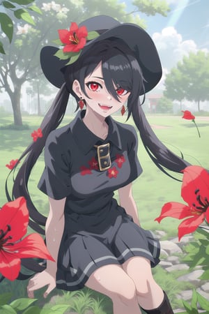 nier anime style illustration, best quality, masterpiece High resolution, good detail, bright colors, HDR, 4K. Dolby vision high. 

Girl with long straight black hair, long twin pigtails (hair covering one eye), red eyes, blushing, red earrings 

Short sleeve polo shirt (black color mixed with red color)

Gothic style black checkered skirt with chains   

black socks 

Ankle boots (black color mixed with red color)

inside a park 

She is under a leafy tree in the shade. 

Sunbeams between the trees 

clear blue sky 

Flirty smile (yandere smile). Happy, excited. Open mouth 

Showing fangs, exposed fangs  

Selfie 

Very sweaty

black Fedora hat with a red flower on the buckle

Sitting on the grass