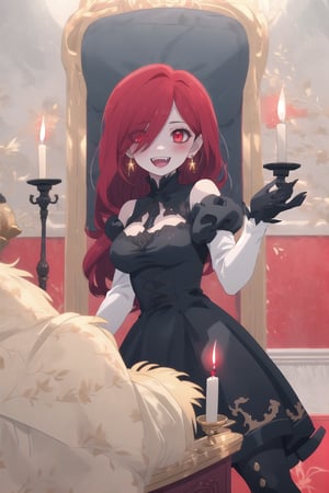 nier anime style illustration, best quality, masterpiece High resolution, good detail, bright colors, HDR, 4K. Dolby vision high.

Little redhead girl with long straight hair (hair covering one eye) (hair over shoulders), red cross-shaped earrings, red eyes, blushing

Elegant vintage British style Gothic Renaissance short dress

small breasts 

Sheer black stockings   

Elegant black British style boots 

Inside an elegant Victorian-style palace 

In a room with red walls, candles, chandeliers on the ceiling

A throne of gold embroidered with red

Flirty smile (yandere smile). Happy, excited. Open mouth 

Showing fangs, exposed fangs
Showing fangs, exposed fangs


Sitting 

Selfie  

(dark red hair)