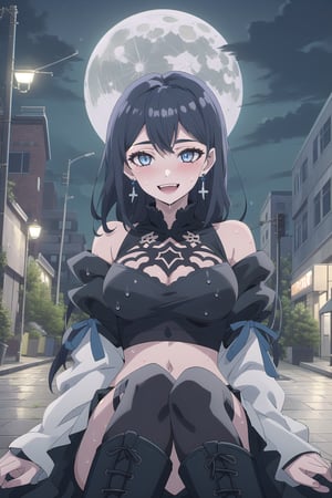 nier anime style illustration, best quality, masterpiece High resolution, good detail, bright colors, HDR, 4K. Dolby vision high. 

Girl with long straight black hair, blue eyes (hair on shoulders), blushing, blue earrings 

Black gothic crop top  

medium breasts

Showing navel, exposed navel

 black gothic skirt with chains

black socks

Elegant black boots 

Flirty smile (yandere smile). Happy, excited. Open mouth

Showing fangs, exposed fangs 

Selfie 

black sky at night  

waning moon 

Inside the streets of London 

Street wet from recent rain

Sitting on the street sidewalk