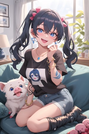  best quality, masterpiece High resolution, good detail, bright colors, HDR, 4K. Dolby vision high, perfect eyes

Girl with long straight black hair, long twin pigtails, navy blue eyes (hair covering one eye), blushing, blue earrings, navy blue bracelet on her wrist, tattoos all over her body, necklace with a sapphire 

A black short sleeve t-shirt with a blue star on the t-shirt 

Navy blue denim shorts 

Sheer black stockings



Inside a futuristic cyberpunk style house 
Black British style boots


Sunrise

Intense sun rays coming through the window 

Elegant navy blue sofa 


Selfie 

Flirty smile (yandere smile). Happy, excited. open mouth 

Showing fangs, exposed fangs