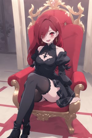 nier anime style illustration, best quality, masterpiece High resolution, good detail, bright colors, HDR, 4K. Dolby vision high.

Little redhead girl with long straight hair (hair covering one eye) (hair over shoulders), red cross-shaped earrings, red eyes, blushing

Elegant vintage British style Gothic Renaissance short dress

small breasts 

Sheer black stockings   

Elegant black British style boots 

Inside an elegant Victorian-style palace 

In a room with red walls, 


A throne of gold embroidered with red

Flirty smile (yandere smile). Happy, excited. Open mouth 

Showing fangs, exposed fangs

Sitting 

Selfie  

(dark red hair)