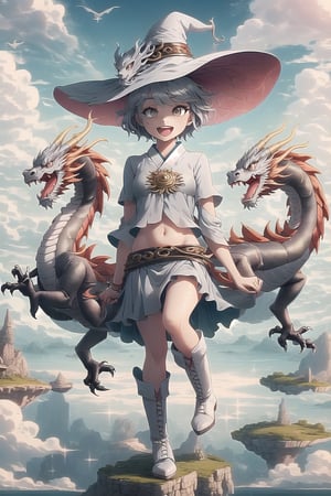  best quality, masterpiece

White Oriental Dragon Girl with short hair, white eyes, freckles. Short transparent gray blouse, revealing the navel, silver skirt, gray punk style boots. On a small island floating in the sky. It is surrounded by more islands in the sky. Sunny with wind, white witch hat, happy, excited, confident, powerful 

