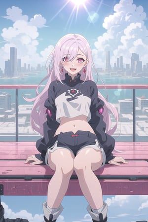 nier anime style illustration, best quality, masterpiece High resolution, good detail, bright colors, HDR, 4K. Dolby vision high. 

Albino girl with long straight hair, pink eyes (hair covering one eye), blushing, pink earrings  

Cyberpunk style elegant white crop top 

Showing navel, exposed navel 

White cyberpunk style shorts

White socks

Elegant white cyberpunk ankle boots 

clear blue sky 

Inside an island that floated in the sky above the clouds 

fantasy style island with a beautiful kingdom 

Intense sun rays    

Flirty smile (yandere smile). Happy, excited. Open mouth 

Showing fangs, exposed fangs 

Selfie 

Sitting on a bridge