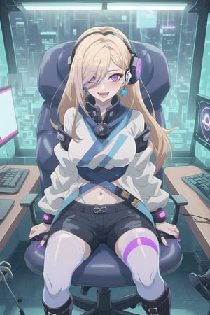 nier anime style illustration, best quality, masterpiece High resolution, good detail, bright colors, HDR, 4K. Dolby vision high.

Blonde girl with long straight hair (hair over her shoulders) (hair covering one eye), magenta eyes, freckles, blushing, gold earrings

Cyberpunk Short White Top 

Showing the navel, showing the navel

Black shorts 

Sheer black stockings 

White boots

Inside a futuristic cyberpunk style room 

blue walls

A desk with blue lights 

Holographic computer 

Gaming chair with futuristic style blue lights 

purple cyberpunk style headphones 

Flirty smile (yandere smile). Happy, excited. Open mouth 

showing fangs, exposed fangs 

showing fangs, exposed fangs 


Selfie

Sitting

