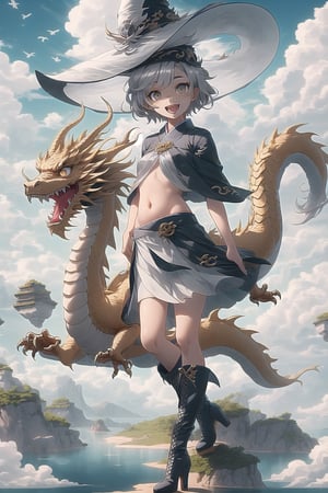  best quality, masterpiece

White Oriental Dragon Girl with short hair, white eyes, freckles. Short transparent gray blouse, revealing the navel, silver skirt, gray punk style boots. On a small island floating in the sky. It is surrounded by more islands in the sky. Sunny with wind, white witch hat, happy, excited, confident, powerful 

