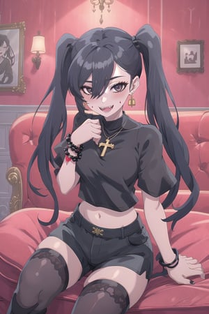 nier anime style illustration, best quality, masterpiece High resolution, good detail, bright colors, HDR, 4K. Dolby vision high.

Girl with long straight black hair, long twin pigtails, (hair covering one eye), black eyes, blushing, black cross-shaped earrings, black necklace, black bracelets on both wrists

Black crop top

small breasts  

Showing navel, exposed navel 

Black shorts 

Sheer black stockings 

Elegant punk style black boots 

Inside an elegant house with red walls and gothic retros on the wall 

Dark red sofa

Sitting

Flirty smile (yandere smile). Happy, excited. Open mouth 

Showing fangs, exposed fangs 

Selfie
