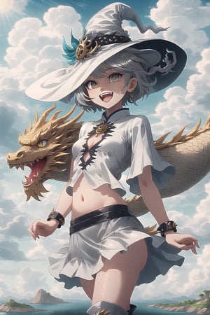  best quality, masterpiece

White Oriental Dragon Girl with short hair, white eyes, freckles. Short transparent gray blouse, revealing the navel, silver skirt, gray punk style boots. On a small island floating in the sky. It is surrounded by more islands in the sky. Sunny with wind, white witch hat, happy, excited, confident, powerful 

