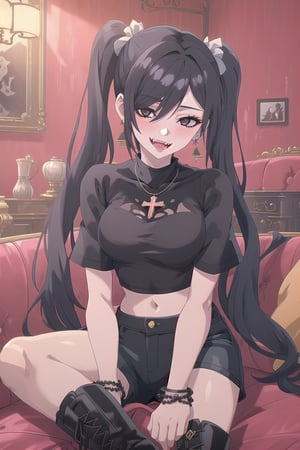 nier anime style illustration, best quality, masterpiece High resolution, good detail, bright colors, HDR, 4K. Dolby vision high.

Girl with long straight black hair, long twin pigtails, (hair covering one eye), black eyes, blushing, black cross-shaped earrings, black necklace, black bracelets on both wrists

Black crop top

small breasts  

Showing navel, exposed navel 

Black shorts 

Sheer black stockings 

Elegant punk style black boots 

Inside an elegant house with red walls and gothic retros on the wall 

Dark red sofa

Sitting

Flirty smile (yandere smile). Happy, excited. Open mouth 

Showing fangs, exposed fangs 

Selfie
