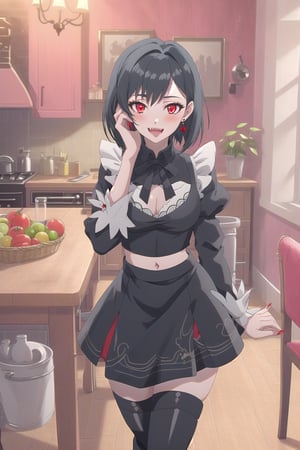 nier anime style illustration, best quality, masterpiece High resolution, good detail, bright colors, HDR, 4K. Dolby vision high.

Girl with short straight black hair, red eyes, blushing, red earrings  

Maid style crop top 

Showing navel, exposed navel 

Elegant maid style skirt 

black stockings 

British style black boots  

Inside a steampunk style mansion 

In a stylish stempunk kitchen

crimson walls 

Fruits, meat, wooden table

Flirty smile (yandere smile). Happy, excited. Open mouth 

Showing fangs, exposed fangs 

(A hand on the face)
