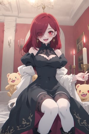 nier anime style illustration, best quality, masterpiece High resolution, good detail, bright colors, HDR, 4K. Dolby vision high.

Little redhead girl with long straight hair (hair covering one eye) (hair over shoulders), red cross-shaped earrings, red eyes, blushing

Elegant vintage British style Gothic Renaissance short dress

small breasts 

Sheer black stockings   

Elegant black British style boots 

Inside an elegant Victorian-style palace 

In a room full of stuffed animals, red walls, candles, chandeliers on the ceiling

A throne of gold embroidered with red

Flirty smile (yandere smile). Happy, excited. Open mouth 

Showing fangs, exposed fangs

Showing fangs, exposed fangs

Sitting 

Selfie  

(dark red hair)