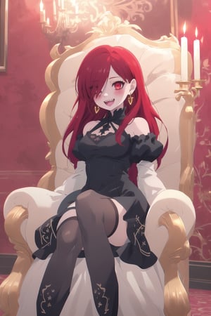 nier anime style illustration, best quality, masterpiece High resolution, good detail, bright colors, HDR, 4K. Dolby vision high.

Little redhead girl with long straight hair (hair covering one eye) (hair over shoulders), red cross-shaped earrings, red eyes, blushing

Elegant vintage British style Gothic Renaissance short dress

small breasts 

Sheer black stockings   

Elegant black British style boots 

Inside an elegant Victorian-style palace 

In a room with red walls, candles, chandeliers on the ceiling

A throne of gold embroidered with red

Flirty smile (yandere smile). Happy, excited. Open mouth 

Showing fangs, exposed fangs
Showing fangs, exposed fangs


Sitting 

Selfie  

(dark red hair)