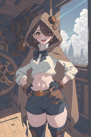 nier anime style illustration, best quality, masterpiece High resolution, good detail, bright colors, HDR, 4K. Dolby vision high, perfect eyes

Girl with long, straight dark brown hair (hair on shoulders) (hair covering one eye), brown eyes, blushing, orange earrings 

Elegant white steampunk style crop top 

Showing navel, exposed navel

black bow 

small breasts  

Steampunk dark brown shorts  

British style steampunk black boots  

Dark brown cape

dog hood 

Hooded 


Selfie

Flirty smile (yandere smile). Happy, excited. Open mouth 

Showing fangs, exposed fangs 

Inside an airship that is in the sky 

blue sky with clouds 

Intense sun rays on the window

(Hand on hip)

Dark brown steampunk gloves