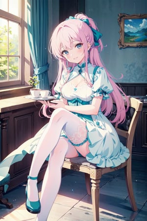 (masterpiece, best quality:1.2), 1girl, long hair, ponytail, pure pink hair, thigh_highs, cafe, sitting, looking at viewer, HDR, blue eye, highres, smile, pure white dress, girl, Blue_reason 