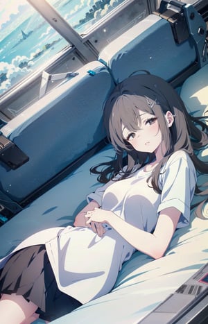 1girl, pure brown hair, closed_eyes, mouth_open, laying_down, sleeping, hair_ribbons, white shirt, skirt, thigh,(HDR, high_res, best quality, masterpiece:1.2)