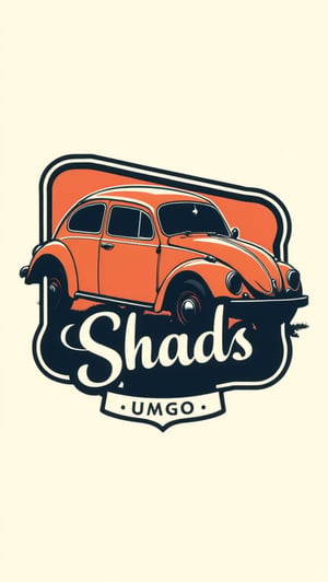 Logo badge. Create a retro and eye-catching logo that showcases the silhouette of an old car. Enclose the design within an oldschool frame. Below the silhouette, include the text '"Shad' in comic sans font that harmonizes with the overall theme. 