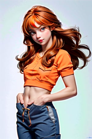 (1 cute girl:1.5), (pretty girl), loose hair, (orange hair:1.5), beautiful eyes, symmetrical, detailed, (eyelashes:1.2), (aegyo sal makeup:1.2), bright smile, (red lips:1.3), (detailed face), (small breasts:1.3) (toned belly:1.3), (wearing top:1.5), (capri sweatpants:1.5), (hands in pockets:1.5 ), immersive background, volumetric haze, global illumination, soft lights, natural lighting, (realistic:1.5), (4k, digital art, masterpiece), high detail digital painting, lifelike, (highest quality), (soft shadows), (best character graphics), ultrahigh resolution, highly detailed digital graphics, physics-based rendering, realism with an artistic flair, vibrant colors, f2.2 lens, soft palette, natural beauty.,RedHoodWaifu