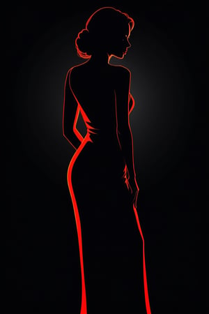 Silhouette Art, breathtaking line art drawing , a (beautiful charming woman), slender dark dim figure, slightly posing, a tight sleek strict dress. bright red backlight illuminates elegant woman's dark dim silhouette, (bright glowing red contour and outline), graceful amazing and sensual look. (very dark foreground, black solid background), chiaroscuro, detailed, high quality, high resolution, contrast. professional, sleek, modern, minimalist, graphic, line art, vector graphics . award-winning, professional, highly detailed, high contrast, well defined, Silhouette Art