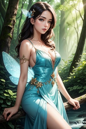 (masterpiece, best quality), photo of a woman, realistic, beautiful, forest, fairy, bokeh, stream, vibrant lighting