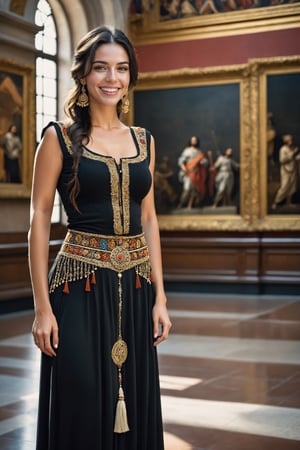 ((Hyper-realistic portrait of a beautiful Spanish girl around 20 years old)), (((American flat shot))), photo of a girl posing as a model, seductive and clear facial features, detailed and symmetrical face, soft skin and detailed, shiny lips, big smile, mesmerizing, (long black hair, casual hairstyle, wearing traditional Spanish clothing and jewelry, casual pose)
(Realistic and detailed background of the Prado museum in Madrid), capital of Spain (scene with a well composed background, with a miniature model in the foreground, seen in the distance)
Perfect rule of thirds composition, expressionism, studio photography, trending on artstation, (masterpiece, best quality, 32k, UHD: 1.5), (sharp focus, high contrast, HDR, ray tracing, hyper-detailed, intricate detail, ultra-realistic, award-winning photo, kodachrome 800:1.4), (cinema lighting: 1.2), by Karol Bak, Gustav Klimt, Gerald Brom and Hayao Miyazaki.