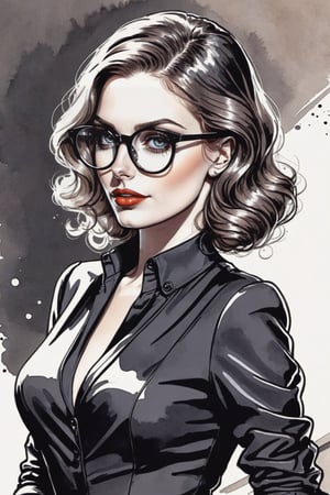 breathtaking (charming beautiful young woman, (sly smirk:0.3), wearing round glasses and secretary tight hot outfit,  (feminine physique, at work ))
a high quality, masterpiece, ((black sharp ink sketch)), colored with glossy modern watercolor,
(accentuated black fine contour lines), fine and clean, [style of modern 2d pinup poster] . award-winning, professional, highly detailed