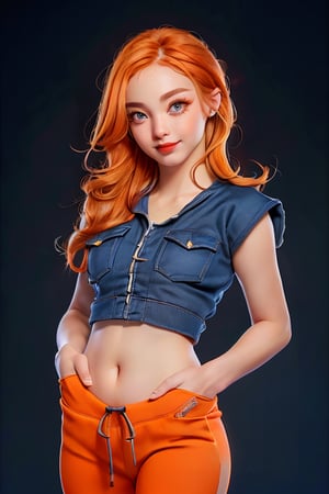 ((1 cute girl:1.5), (pretty girl), loose hair, (orange hair:1.5), beautiful eyes, symmetrical, detailed, (eyelashes:1.2), (aegyo sal makeup:1.2), bright smile, (red lips:1.3), (detailed face), (small breasts:1.3) (toned belly:1.3), (wearing top:1.5), (capri sweatpants:1.5), (hands in pockets:1.5 ), immersive background, volumetric haze, global illumination, soft lights, natural lighting, (realistic:1.5), (4k, digital art, masterpiece), high detail digital painting, lifelike, (highest quality), (soft shadows), (best character graphics), ultrahigh resolution, highly detailed digital graphics, physics-based rendering, realism with an artistic flair, vibrant colors, f2.2 lens, soft palette, natural beauty.,RedHoodWaifu,3DMM