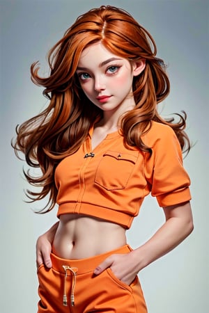 (1 cute girl:1.5), (pretty girl), loose hair, (orange hair:1.5), beautiful eyes, symmetrical, detailed, (eyelashes:1.2), (aegyo sal makeup:1.2), bright smile, (red lips:1.3), (detailed face), (small breasts:1.3) (toned belly:1.3), (wearing top:1.5), (capri sweatpants:1.5), (hands in pockets:1.5 ), immersive background, volumetric haze, global illumination, soft lights, natural lighting, (realistic:1.5), (4k, digital art, masterpiece), high detail digital painting, lifelike, (highest quality), (soft shadows), (best character graphics), ultrahigh resolution, highly detailed digital graphics, physics-based rendering, realism with an artistic flair, vibrant colors, f2.2 lens, soft palette, natural beauty.,RedHoodWaifu