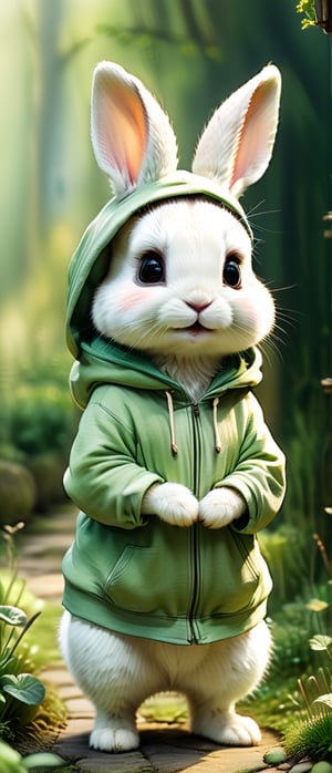 Little white rabbit, four exaggerated different poses, wearing a light green hoodie,cinematic still Beatrix Potter style watercolor. Chibi style, harmonious, vignette, highly detailed, high budget, bokeh, cinemascope, moody, epic, gorgeous, film grain, grainy, detailmaster2, Leonardo Style