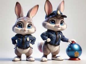 Disney's "Zootopia" Judy Hopps style, comic rabbit
Blue police uniform, tight fit, big eyes, erect ears, pink nose, gray and white hair, sneakers
High definition, movie quality, rich details, white background, four different poses, full body,ral-chrcrts