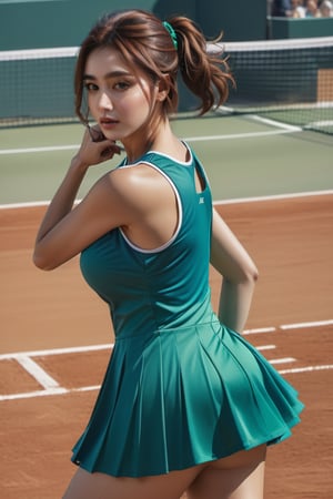 1girl, beautiful face, Tennis Dress, cleavage, portrait of a tennis player on a clay court, cheering crowds on the stand, short skirt, hands on waist, leaning forward, bare shoulders, cleavage, fancy, outdors, looking_at_viewer, large hips, large breasts, hourglass_figure, (((sexy))), highly detailed, hyper-realistic masterpiece, character design, volumetric lighting, confident, stunning, commitment to the detailing, high resolution, Octane rendering, breathtaking surreal masterpiece,Realism,Masterpiece,more detail XL,Tennis Dress,p3rfect boobs