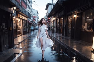 (best quality, masterpiece:1.2), (photorealistic:1.2),(cinematic composition:1.3), ultra high res, cinematic lighting, ambient lighting, sidelighting, Exquisite details and textures, 1 pretty girl, solo, walking alone the street, knee shot, side view, perfect detailed beautiful face, Accent Lighting, long brown hair, hair pulled back, looking at viewer, (from below:0.9), slim body, walking, detailed face, perfect face, perfect eyes, white long dresses, high heel, street, city view, outdoors, 24mm, kuala lumpur \(malaysia\), detailed background, depth of field, professional lighting,rayen dress,Enhanced All